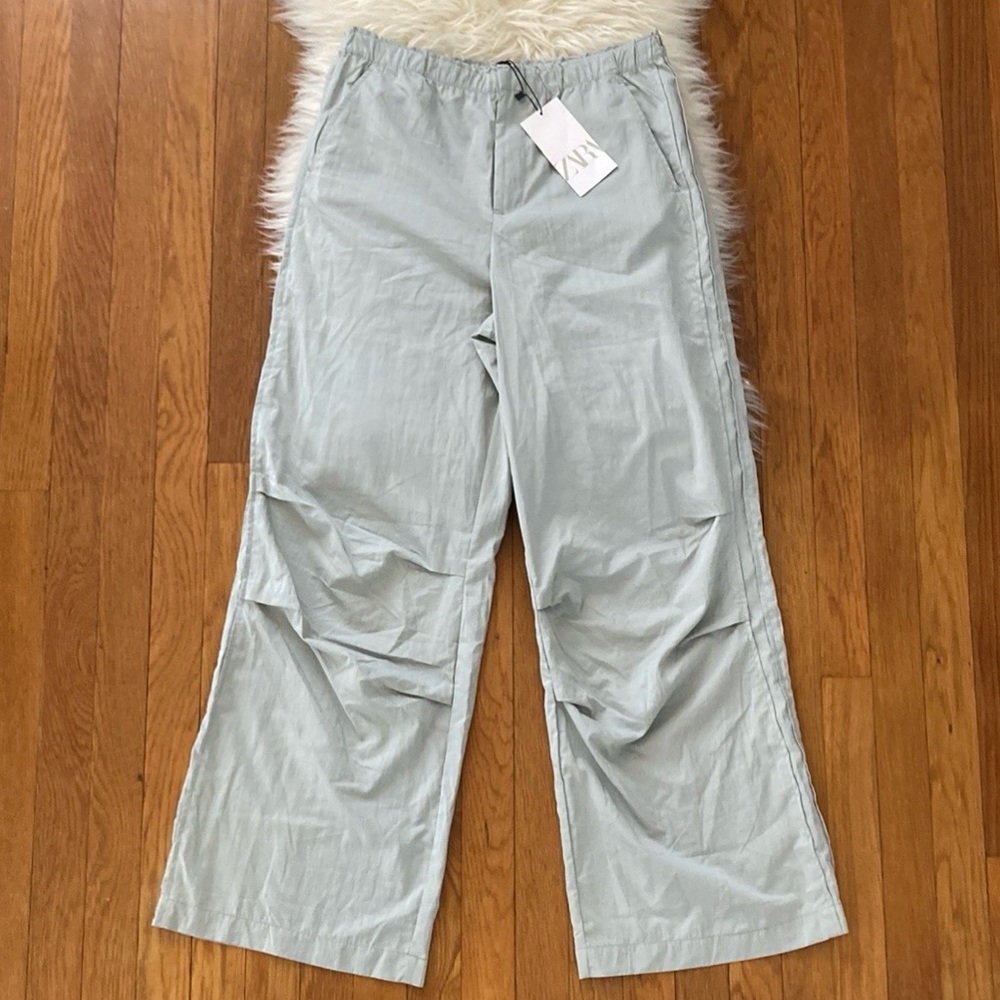 Zara High-Waist Pastel Blue Ruched Straight Leg Track Pants w/Side Pockets